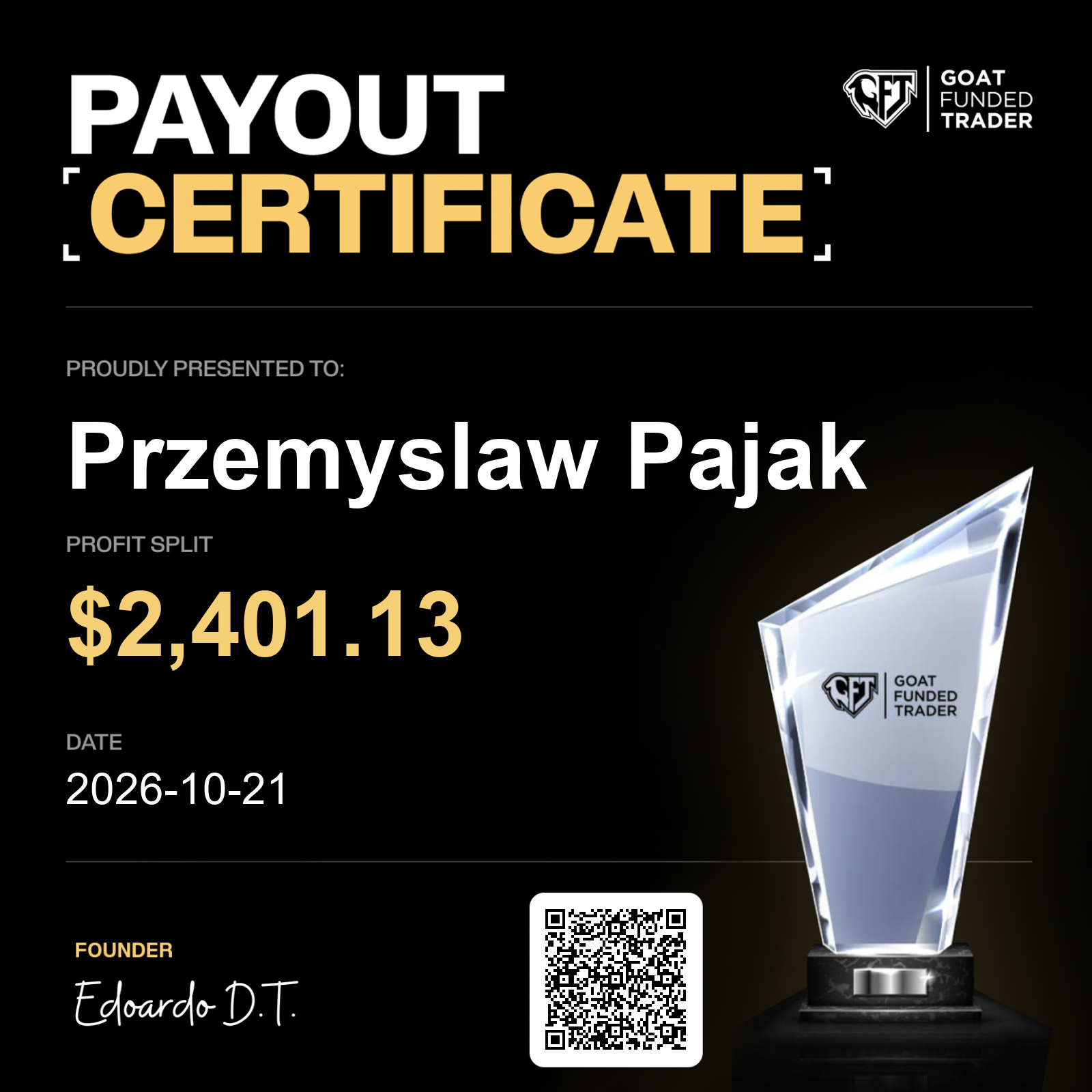GOAT Funded — fifth payout approved $2,401.13
