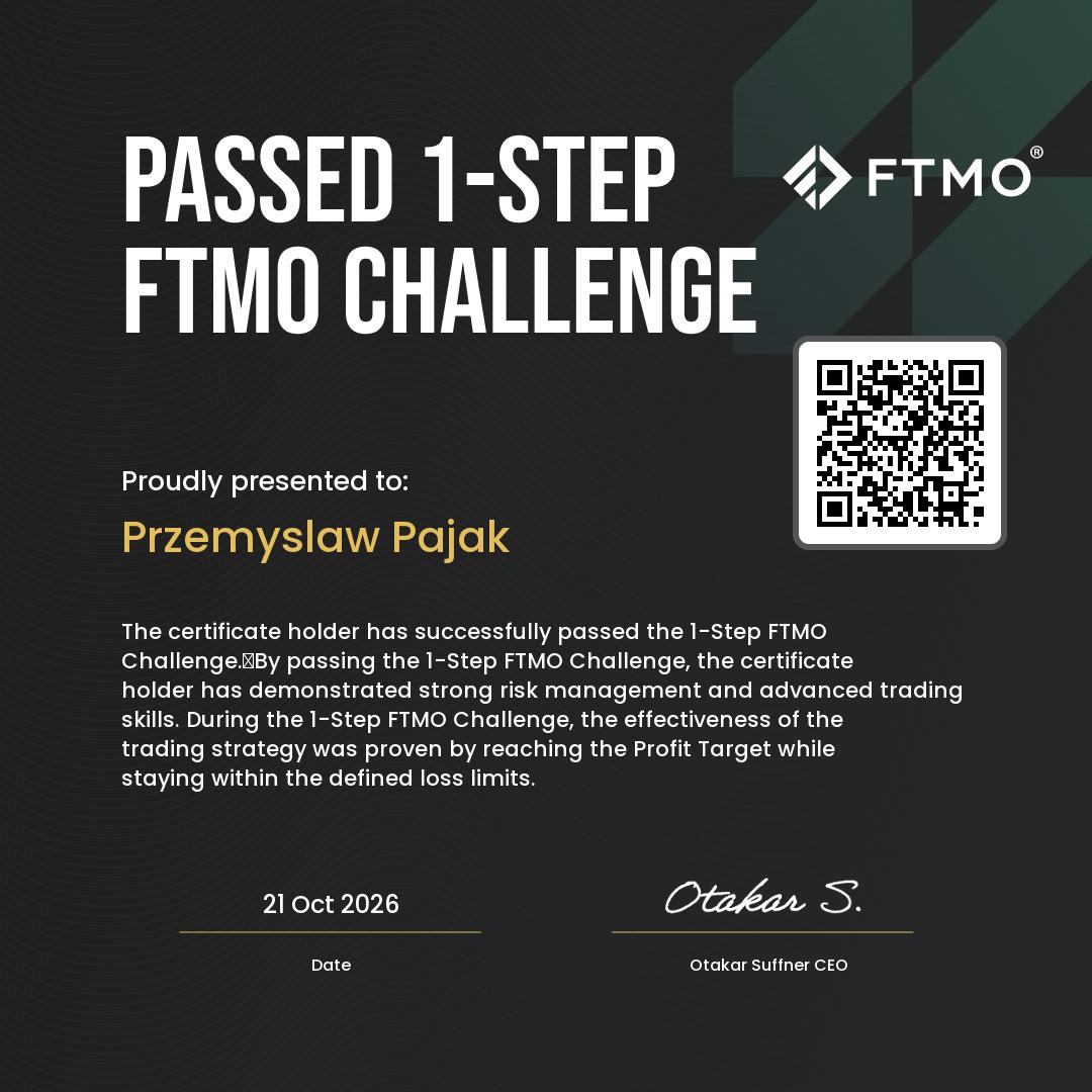 FTMO 1-Step Challenge passed — $100K funded certificate